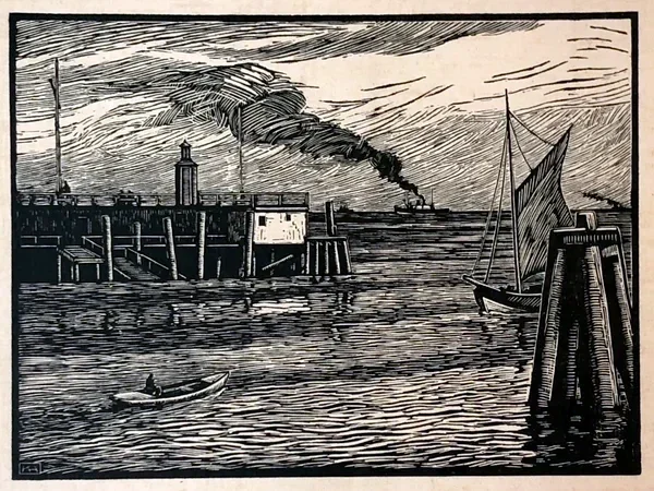 Karl Hennemann (1884-1972) Houtsnede 'Haven met sleper in de verte’ ~1925