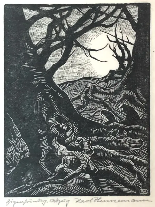 Karl Hennemann (1884-1972)  Houtsnede ‘Uitzicht uit het woud’ ~1963  Gesigneerd met potlood