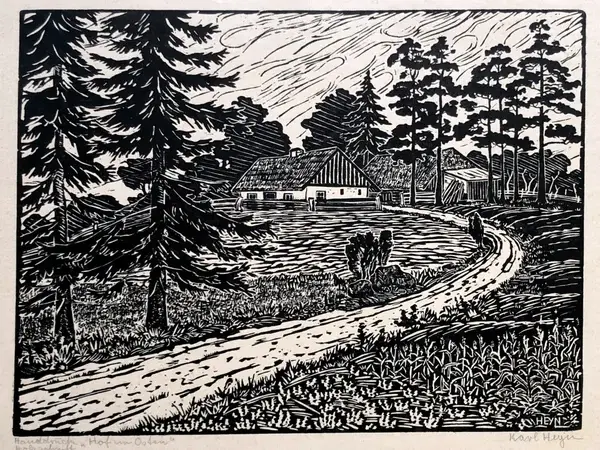 Karl Heyn (1834-1906)  Houtsnede 'Binnenplaats in de lente' 1900.  Gesigneerd met potlood