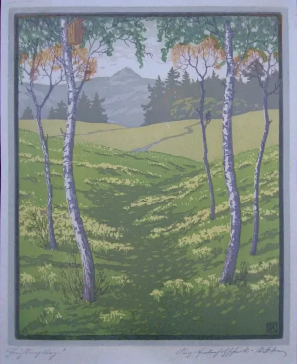 Karl Johne (Kratzau, Bohemia 1887-1959)  Kleurenhoutsnede 'Lentedag' ~1920  Gesigneerd met potlood