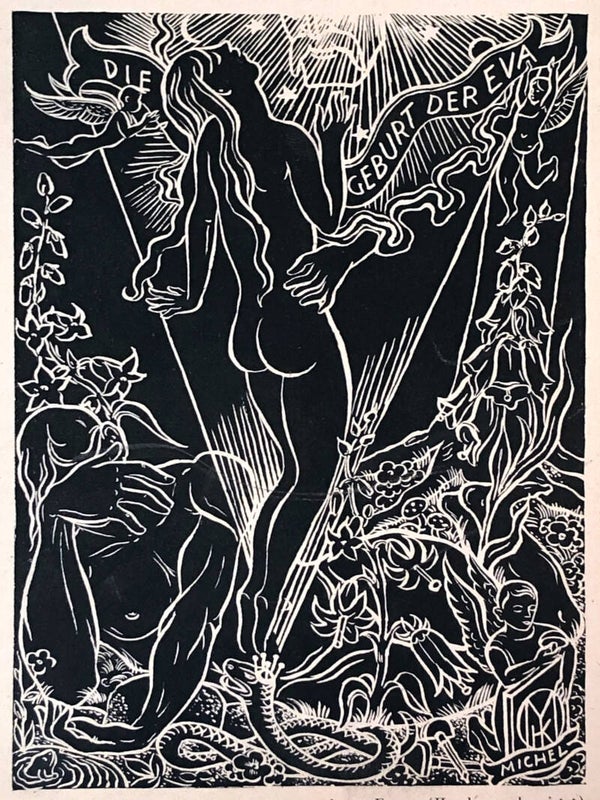 Karl Michel (1885-1966)  Houtsnede 'Geboorte van Eva' ~1925