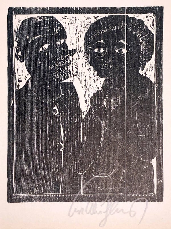 Kurt Mühlenhaupt (1921-2006)  Houtsnede 'Frau und Man' ~1969  Gesigneerd met potlood