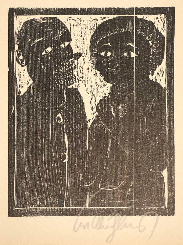 Kurt Mühlenhaupt (1921-2006)  Houtsnede 'Frau und Man' ~1969  Gesigneerd met potlood