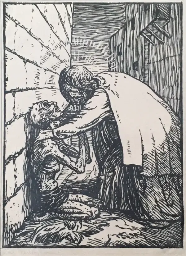 Karl Thylmann (1888-1916)  Houtsnede 'Jesus und der Aussätzige' (uitgestotene) ~1910  Gesigneerd met potlood