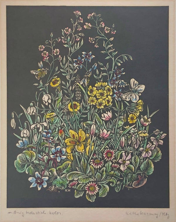 Kathe Haseney (Hamburg Germany)  Kleurenhoutsnede 'Boeket' ~1925  Gesigneerd met potlood