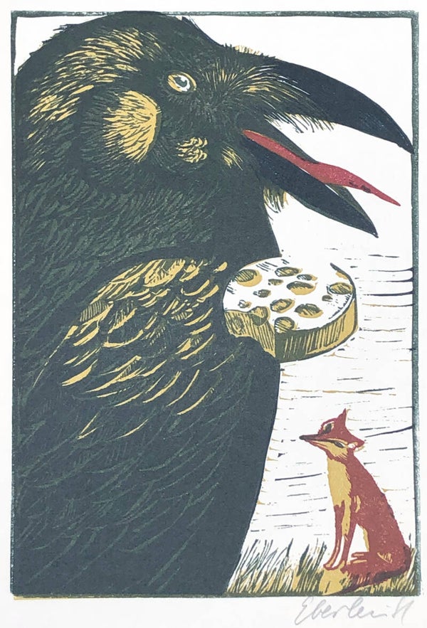 Klaus Eberlein (1941-2023)  Hout/linosnede 'De fabel van de Vos en de Raaf' ca. 1980  Gesigneerd met potlood