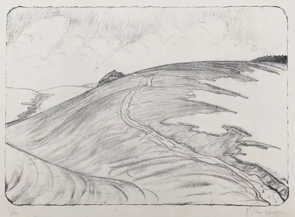 Klaus Wrage (Germany 1891-1971)  Lithografie 'Landschap met huis' ~1920  Gesigneerd met potlood