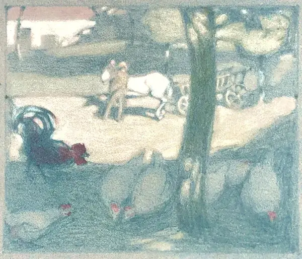 Karl Schmoll von Eisenwerth (1879 - 1948)  Kleurenalgraphie ‘Dorfstrasse’ ~1905  Gesigneerd met potlood