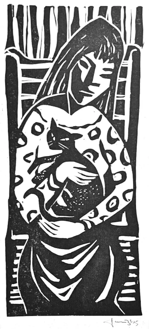 Kurt Janitzk (Germany 1916–1977)  Houtsnede 'Vrouw met kat'  1960  Gesigneerd met potlood