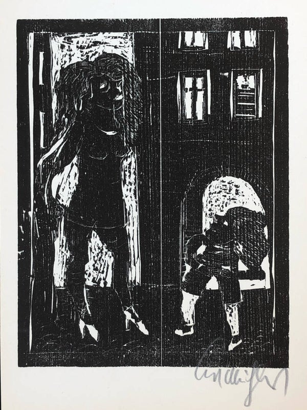 Kurt Mühlenhaupt (1921-2006)  Houtsnede 'Straatvolk' ~1970  Gesigneerd met potlood