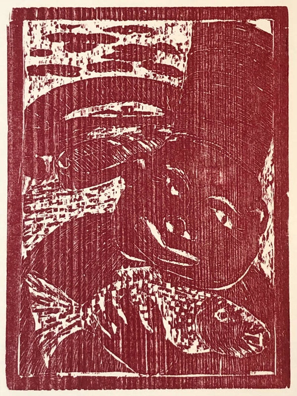 Kurt Mühlenhaupt (1921-2006)  Houtsnede in Bordeauxrood 'De vis en zijn kok' ~1975