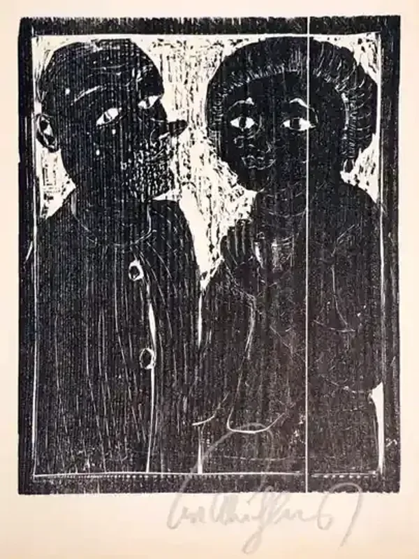 Kurt Mühlenhaupt (1921-2006)  Houtsnede 'Frau und Man' ~1969  Gesigneerd met potlood