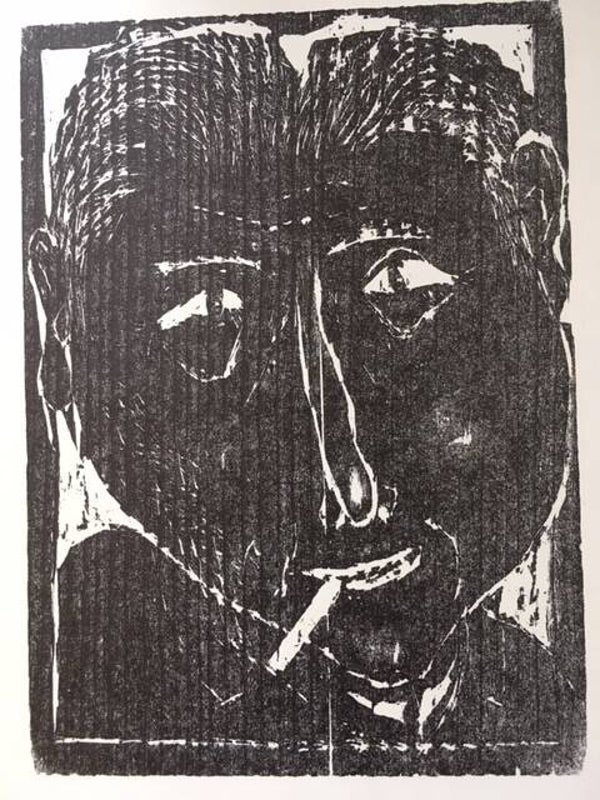 Kurt Mühlenhaupt (1921-2006)  Houtsnede 'Portret met sigaret' ~1969