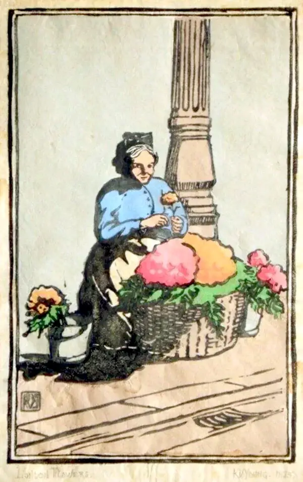 K.V. Young (GB XIX-XX)  Kleurenhoutsnede "London Flower Sellers" 1925.  Gesigneerd met potlood