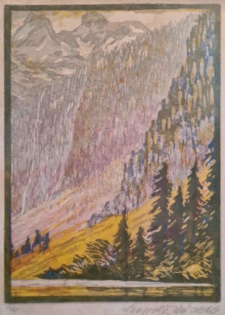 Leopold Wächtler (1896–1988)  Farbholzschnitt „Beek Berglandschap“ ~1925  Met potlood gesigneerd