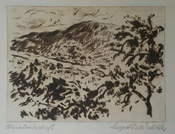 Leopold Wächtler (1896-1988 Germany)  Ets (droge naald) ‘Landschap’ ~1919  Gesigneerd met potlood