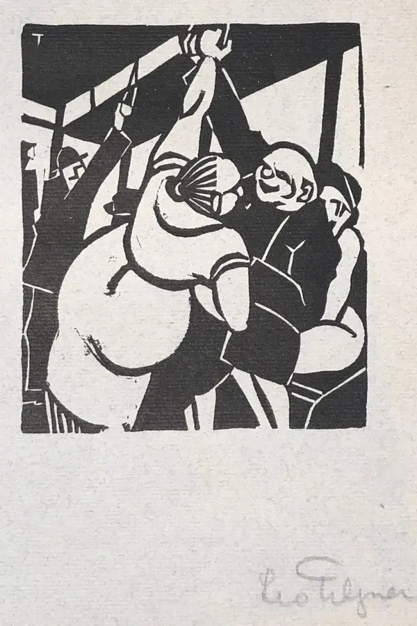 Leo Tilgner (1892-1971)  Houtsnede "Samen in de bus" 1932  Gesigneerd met potlood