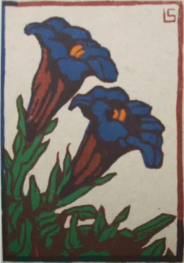Lisbet Schulz (1884–1968)  Kleurenhoutsnede 'Gentiaan - Enzian' ~1925