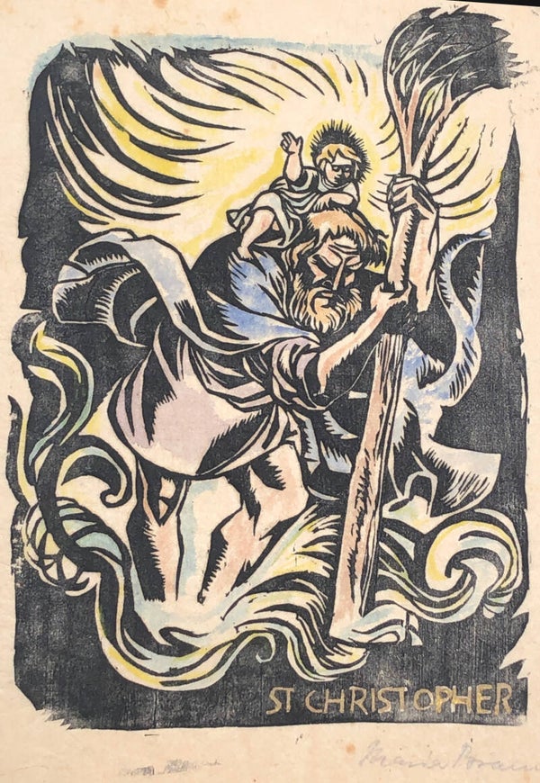 Maria Braun (1896-1950)  Geaquarelleerde houtsnede 'St.Chritopher' ~1919  Met potlood gesigneerd