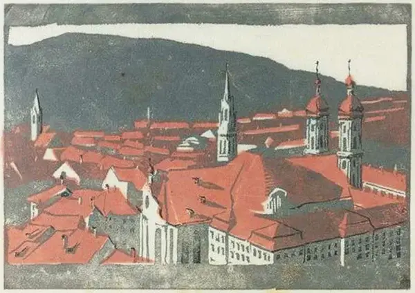 Martha Cunz (1876-1961 St. Gallen)  Kleurenhoutsnede 'Blick auf St. Gallen' 1903