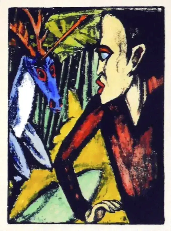 Max Kaus (1891-1977)  Geaquarelleerde lithografie 'Sint Julian' 1917/1918