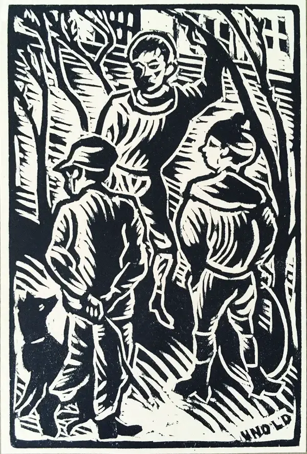 Max Unold (1885-1964 München)  Houtsnede 'Jongens met hond' ~1925