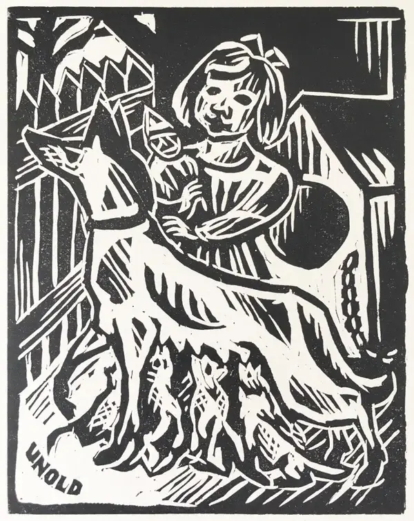 Max Unold (1885-1964 München)  Houtsnede 'Meisje met hond' ~1925