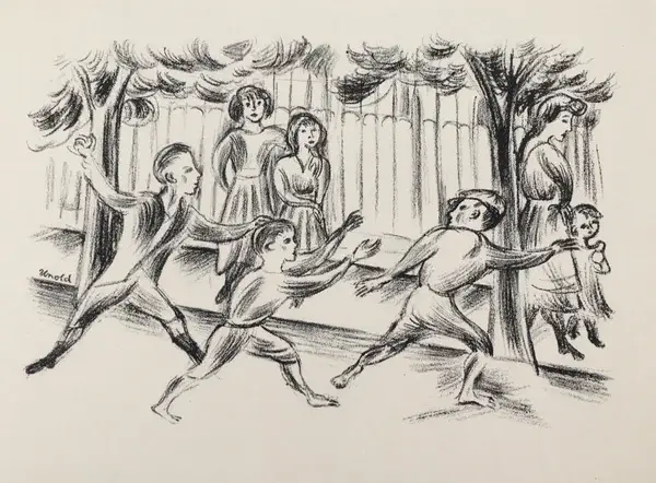 Max Unold (1885-1964 München)  Lithografie 'Spielende Kinder' ~1920