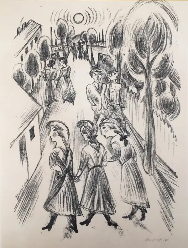 Max Unold (1885-1964 München)  Lithografie 'Abendspaziergang' ~1918  Gesigneerd met potlood