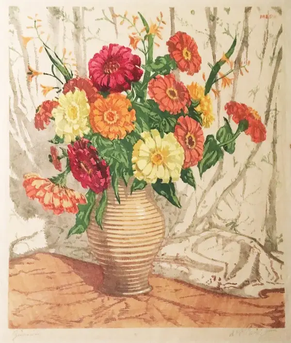 Martin Erich Philipp (1887-1978)  Kleurenhoutsnede 'Zinnien' ~1925.  Gesigneerd met potlood