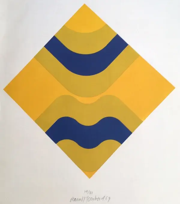 Hans Rudolf Bosshard (Born 1929–XX) Kleurenhoutsnede 'Composition with yellow and blue' 1969 Gesigneerd met potlood