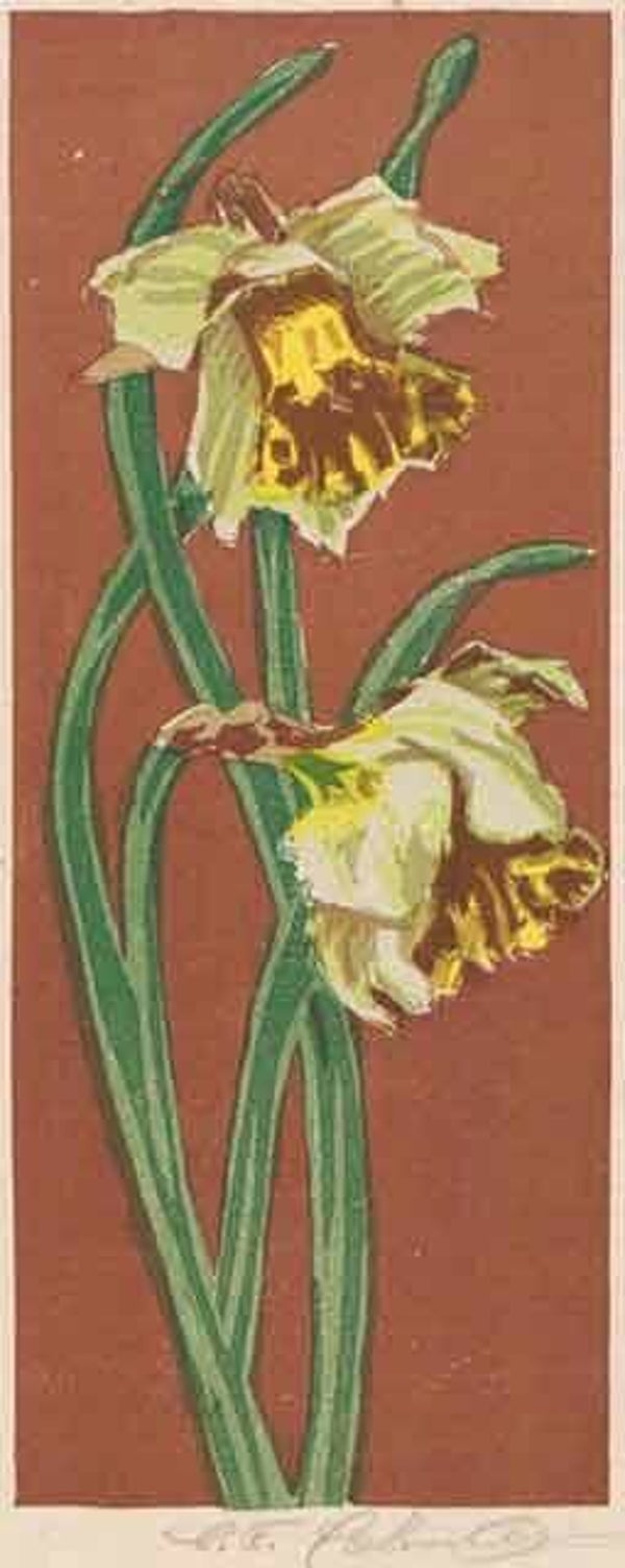 Onbekende kunstenaar (Germany? XX-XX)  Kleurenhoutsnede 'Narcissen' ~1925  Gesigneerd