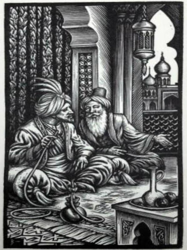 Nico Bulder (1898 1964)  Houtsnede 'Oosters tafereel met waterpijp' ~1930