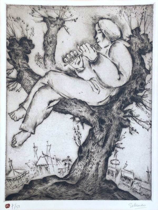 Nikolaas Eekman (1889-1973)  Ets 'Fluitspeler in boom bij circuskermis' ca. 1925  Gesigneerd met potlood