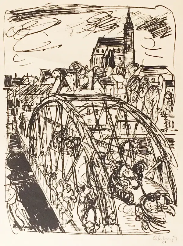 Richard Otto Voigt (Germany 1895-1971)  Lithografie 'Brug bij Stadje' 1921  Gesigneerd met potlood