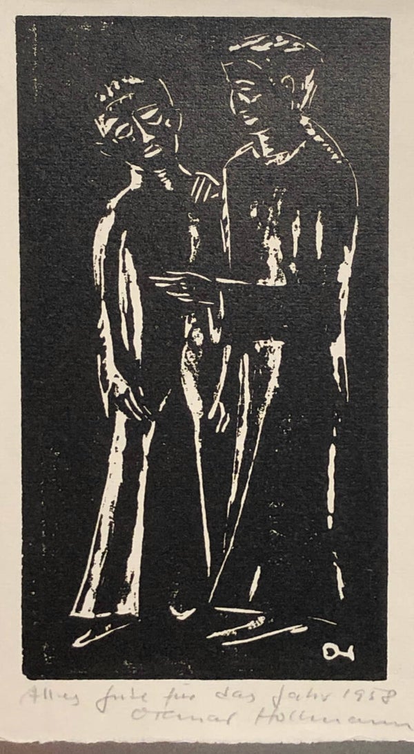 Ottmar Hollmann (1915-2005)  Houtsnede 'Twee vrienden' 1957  Gesigneerd met potlood