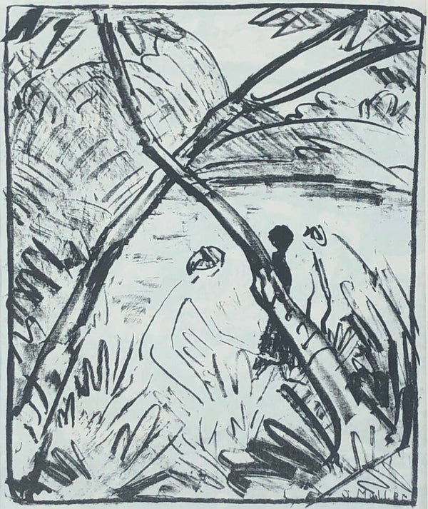 Otto Mueller (1874-1930)  Originele lithografie getiteld 'Drei Figuren und gekreuzte Stämme' uit 1916.  Gesigneerd