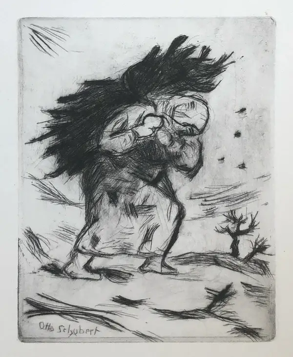 Otto Schubert (1892-1970)  Ets (droge naald) ‘Houtsprokkelaarster’ ~1930