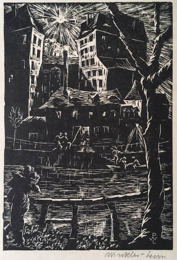 Paul Winkler-Leers (Berlijn 1887–1961)  Houtsnede 'Stad aan rivier met zon' ca 1920  Gesigneerd met potlood