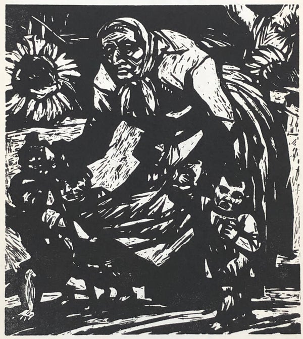 Peter Gitzinger (1899-1977)  Houtsnede 'Oude boerin met kinderen' ~1925