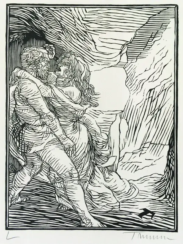 Peter Trumm (1888-1966)  Houtsnede 'Weib und Wellenreiter' circa 1920  Gesigneerd met potlood