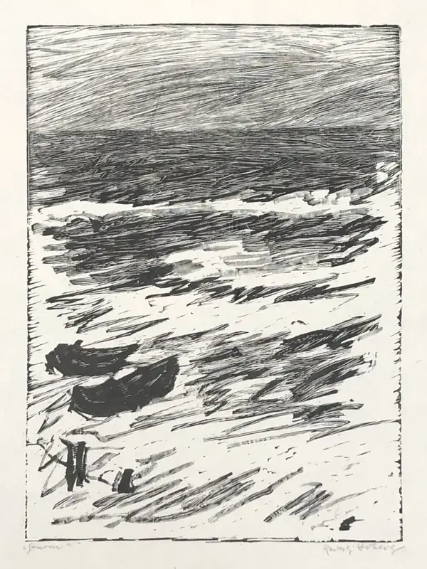 Reinhold Hoberg (1859-1932)  Houtsnede 'Storm' ~1922.  Gesigneerd met potlood
