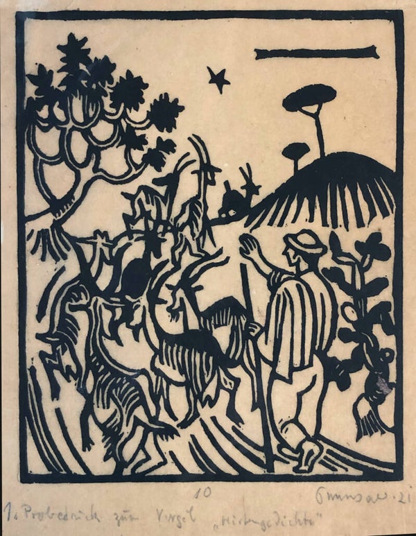 Richard Seewald (1889–1976)  Houtsnede "Geitenhoeder in een landschap met geiten" 1921