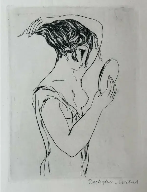 Rastislav Michal (Czech Republic 1936)  Ets 'Vrouw met spiegel'’ ~1975  Gesigneerd met potlood