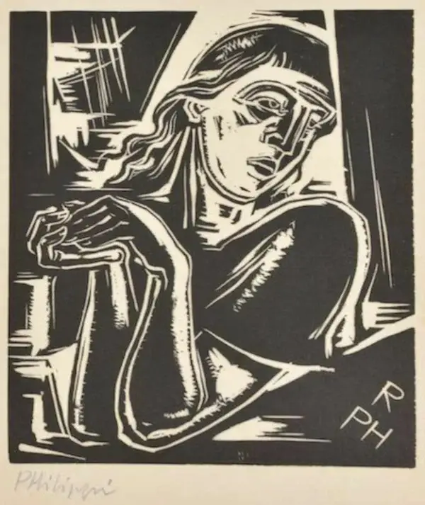 Robert Philippi (1877-1959)  Houtsnede 'Törichte Jungfrau' 1920.  Gesigneerd met potlood