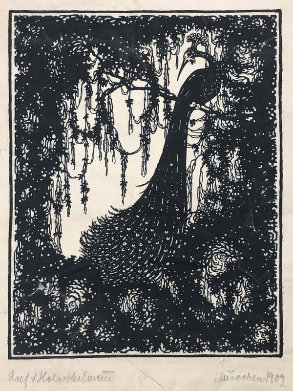 Rolf Erik von Hoerschelmann (188 1947)  Houtsnede 'Pauw in boom' 1909  Gesigneerd met potlood