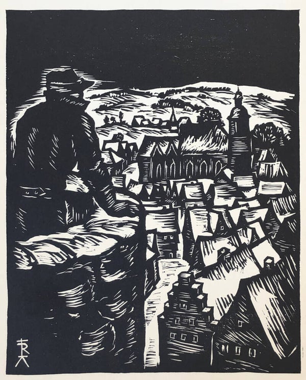 Rudolf Koch (1876-1934)  Houtsnede 'Winterse stad' ~1930