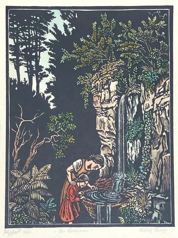 Rudolf Riege (1892-1959)  Houtsnede 'Bij de bron' ~1920.  Gesigneerd met potlood