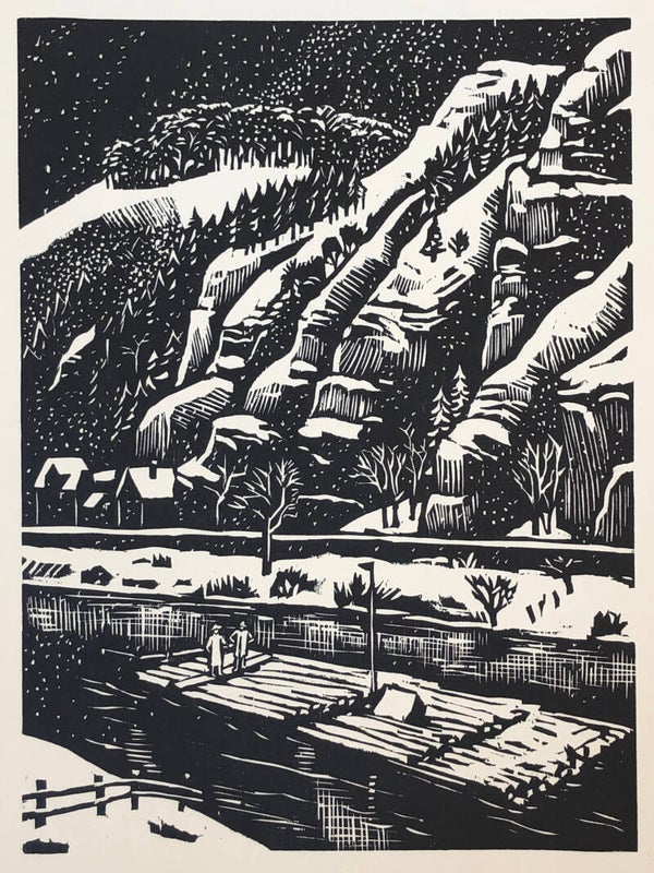 Rudolf Riege (1892-1959)  Houtsnede 'Vlot op Rivier' ~1930