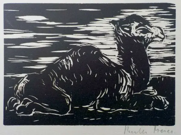 Ruth Meier (1888-1965)  Houtsnede 'Dromedaris' ~1935  Gesigneerd met potlood
